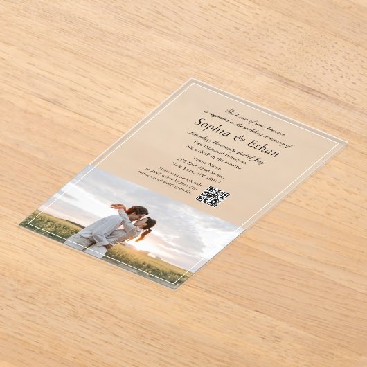 Elegante Italiaanse script foto QR-code Acryl Uitnodigingen (Laagn)