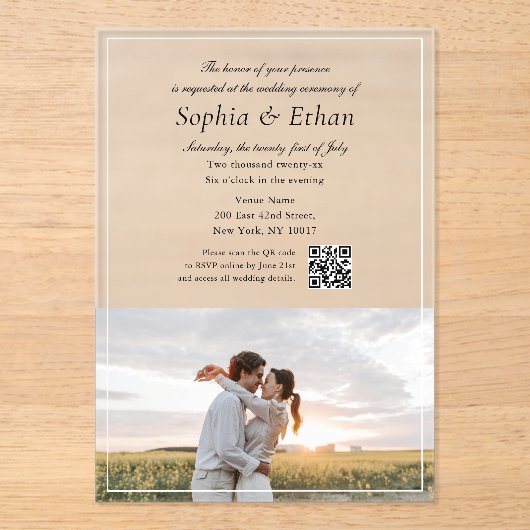Elegante Italiaanse script foto QR-code Acryl Uitnodigingen (Voorkant)