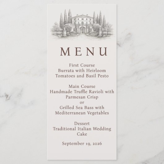 Elegante Italiaanse Villa Watercolor Bruiloft Menu (Voorkant)