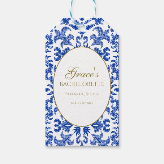 Elegante Italiaanse witte en blauwe vrijgezelle Cadeaulabel (Voorkant)