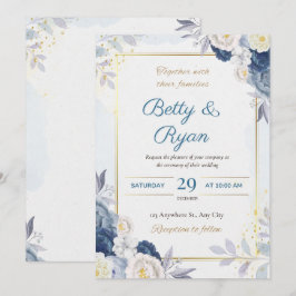 Elegante Ivoor & Blauwe Bloemen Huwelijksuitnodigi Kaart