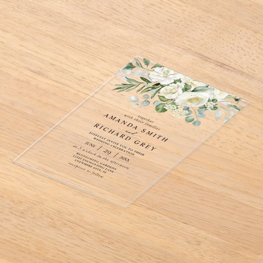 Elegante Ivoor Bloemen & Groen Eucalyptus bruiloft Acryl Uitnodigingen (Laagn)