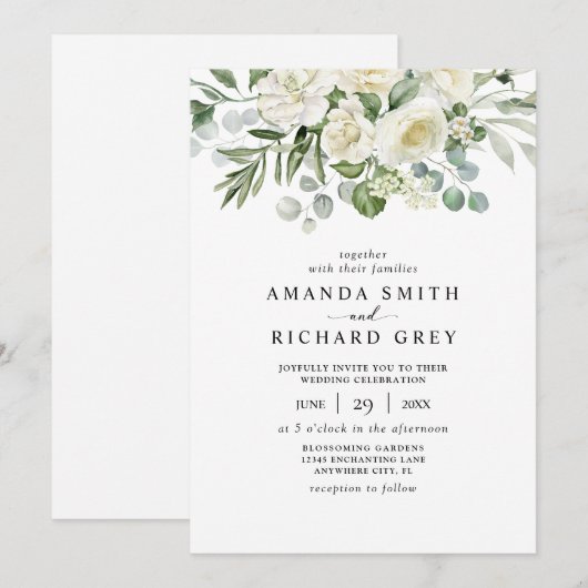 Elegante Ivoor Bloemen & Groen Eucalyptus bruiloft Kaart (Voorkant / Achterkant)