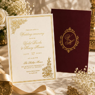 Elegante Ivoor & Bourgondië Romantische Regency Tr Folie Uitnodiging