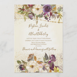 Elegante Ivoor Crème Paarse Bloem Glitter Bruiloft Kaart