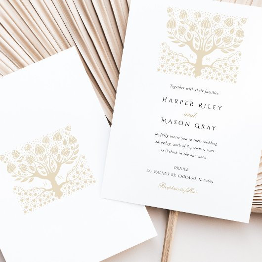 Elegante Ivoor en Beige Tree of Life Wedding Kaart