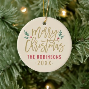 Elegante Ivoor Goud Schrift Prettig Kerstmis Foto Keramisch Ornament