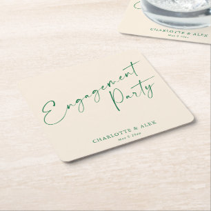 Elegante Ivoor Groene Calligrafie Verloving Feest Kartonnen Onderzetters