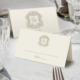 Elegante Ivoor Kleur Vintage Wapen Monogram Bruilo Plaatskaartje