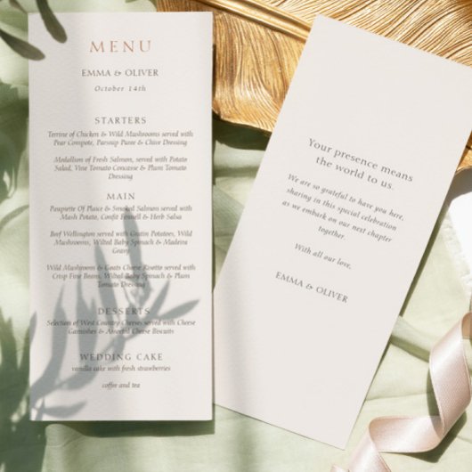 Elegante Ivoor Koperen Script Dubbelzijdig Trouw Menu