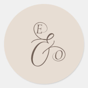 Elegante Ivoor Monogram Bruine Bruiloft Ronde Sticker