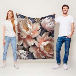 Elegante Ivoor Pioenrozen op Middernachtblauw Fleece Deken