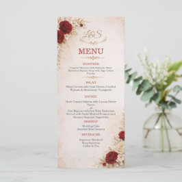 Elegante Ivoor & Rode Bloemige Trouw Menu Kaart
