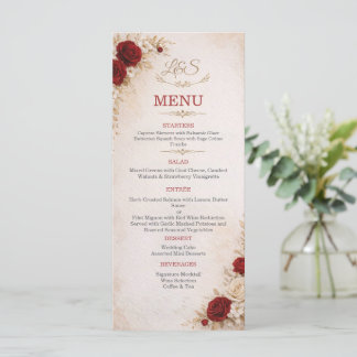 Elegante Ivoor & Rode Bloemige Trouw Menu Kaart