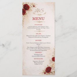 Elegante Ivoor & Rode Bloemige Trouw Menu Kaart
