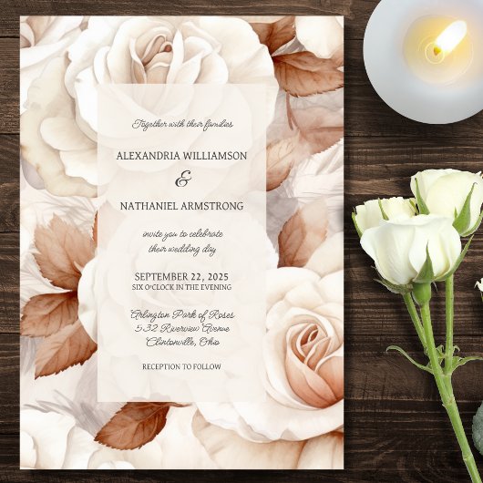 Elegante Ivoor & Roest Rozen Bruiloft Kaart
