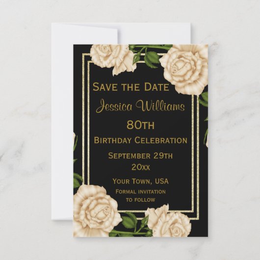 Elegante Ivoor Rozen & Gouden Glitter Save The Dat Date (Achterkant)