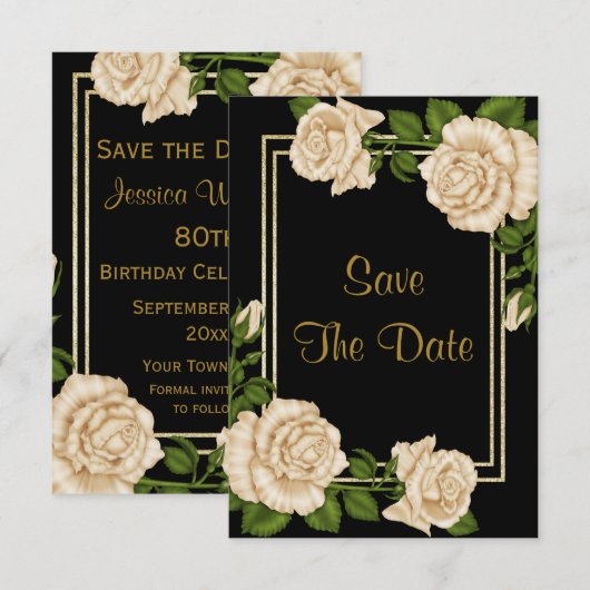 Elegante Ivoor Rozen & Gouden Glitter Save The Dat Date (Voorkant / Achterkant)