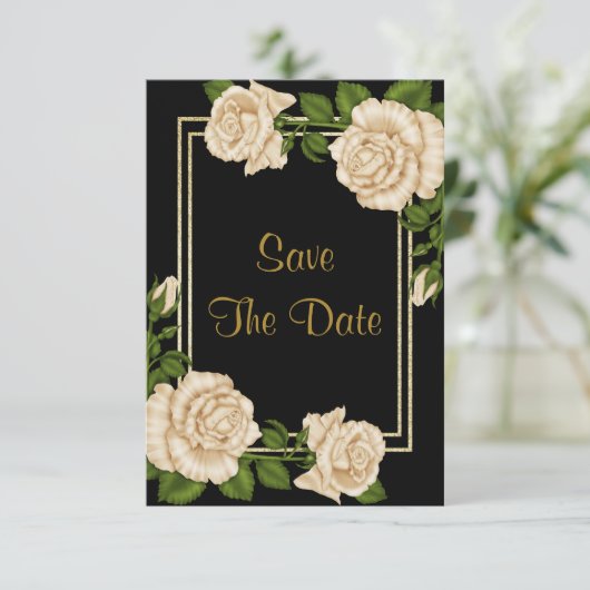 Elegante Ivoor Rozen & Gouden Glitter Save The Dat Save The Date (Staand voorkant)