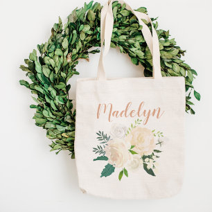 Elegante Ivoor Rozen Groene Bloemstuk Naam Tote Bag