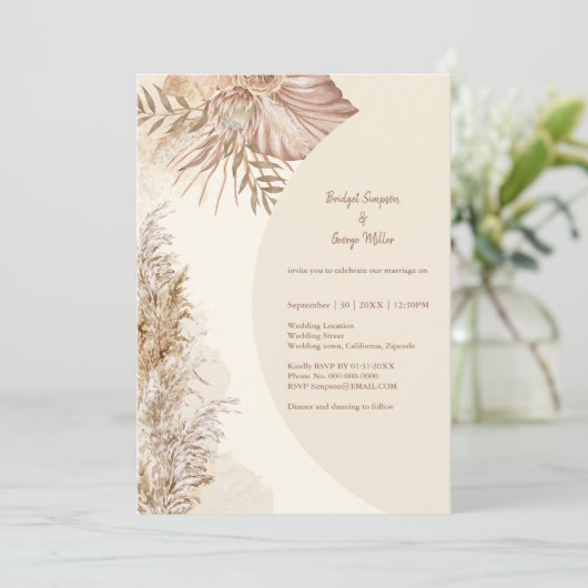 Elegante ivoor rustieke boho pampas gras bruiloft kaart (Staand voorkant)