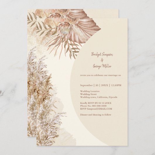 Elegante ivoor rustieke boho pampas gras bruiloft kaart (Voorkant / Achterkant)