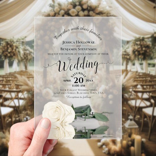 Elegante Ivoor White Rose Lacy Calligrafie Trouwen Acryl Uitnodigingen