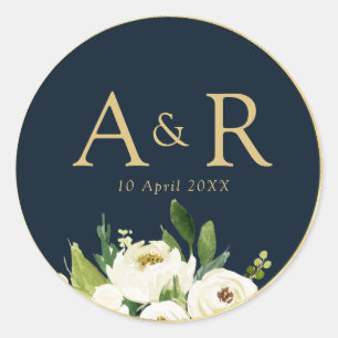 Elegante ivoor witte bloemenmarine bruiloft sticke ronde sticker