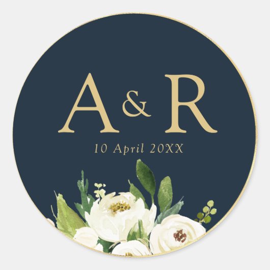 Elegante ivoor witte bloemenmarine bruiloft sticke ronde sticker (Voorkant)