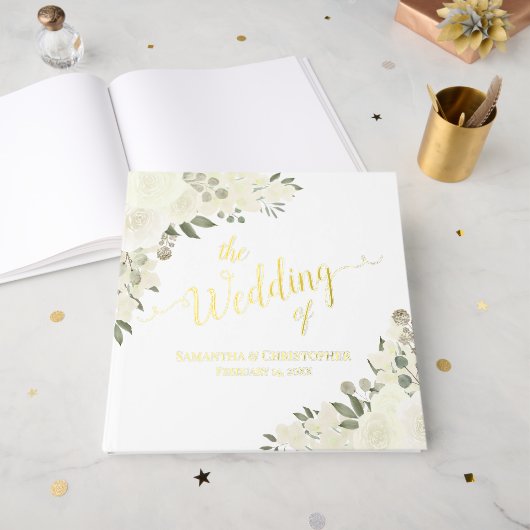 Elegante Ivoor Witte Boho Bloemen Folie bruiloft Gastenboek (Voorkant open)