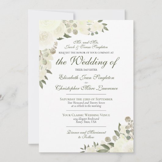 Elegante Ivoor Witte Boho Bloemen Formele bruiloft Kaart (Voorkant)