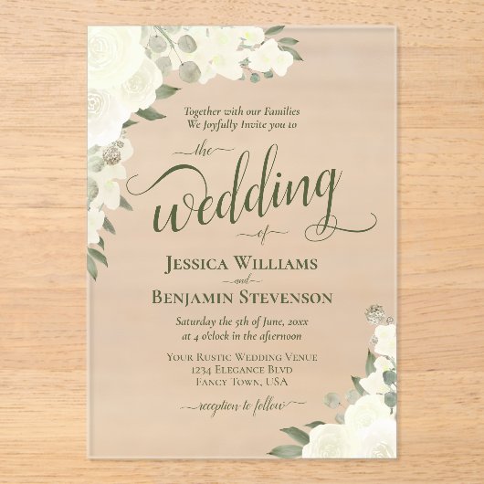 Elegante ivoor witte boho chique Rozen Fancy bruil Acryl Uitnodigingen (Voorkant)
