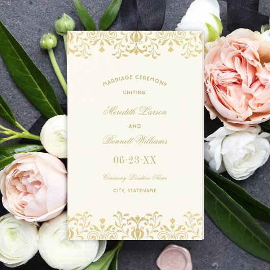 Elegante ivoorkleurige gouden vintage trouwprogram