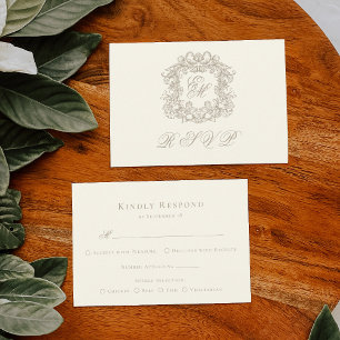 Elegante ivoorkleurige monogramtrofee Huwelijkskeu RSVP Kaartje