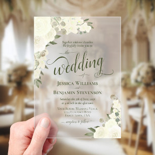 Elegante Ivoorwitte Boho Chic Rozen Fancy Bruiloft Acryl Uitnodigingen