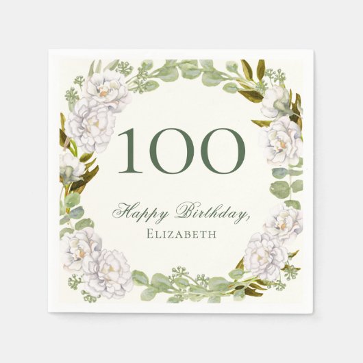 Elegante Ivoren Bloem 100ste Verjaardag Servetten (Voorkant)