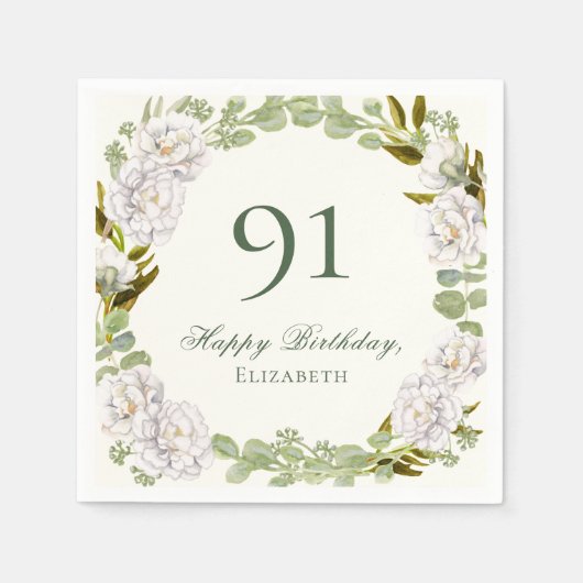 Elegante Ivoren Bloem 91e Verjaardag Servetten (Voorkant)
