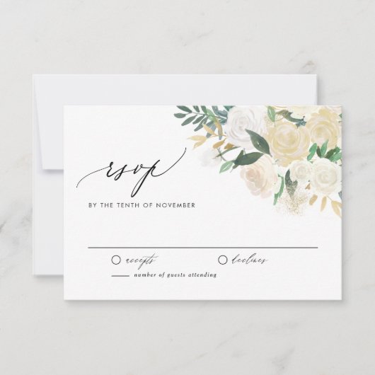 Elegante Ivoren Bloemen En Groen Bloemen Huwelijk RSVP Kaartje (Voorkant)
