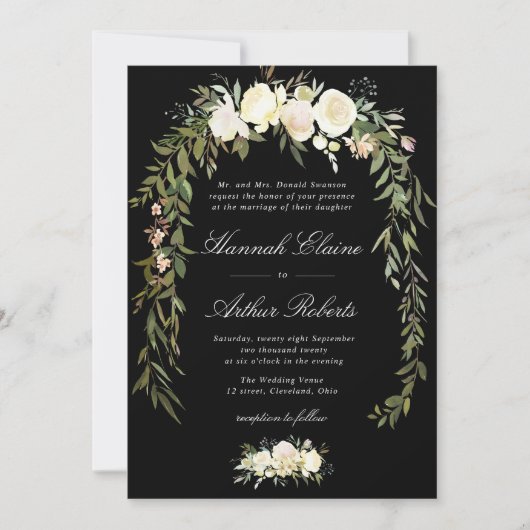 Elegante ivoren bloemen zwarte bruiloft uitnodigin kaart (Voorkant)