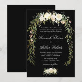 Elegante ivoren bloemen zwarte bruiloft uitnodigin kaart (Voorkant / Achterkant)