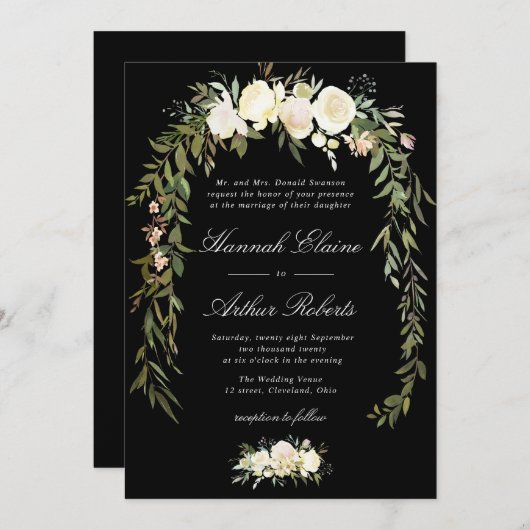 Elegante ivoren bloemen zwarte bruiloft uitnodigin kaart (Voorkant / Achterkant)