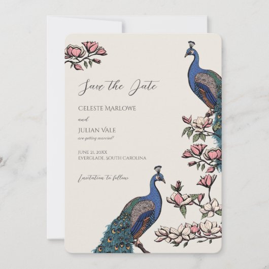 Elegante ivoren bloemenpauw bruiloft save the date (Voorkant)