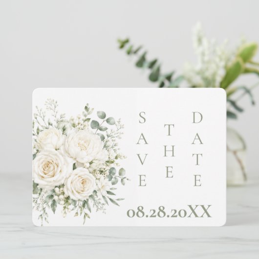 Elegante ivoren bloemstukken bruiloft save the date (Staand voorkant)