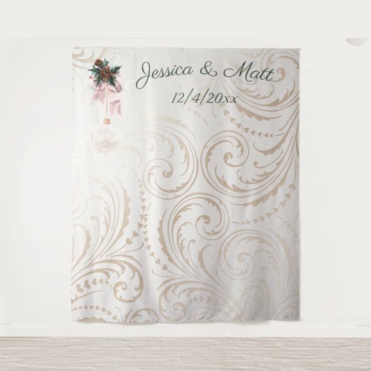 Elegante Ivoren en Gouden Kerst Huwelijk Achtergro Wandkleed (Voorkant)