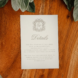 Elegante ivoren monogram crest huwelijksdetails informatiekaartje
