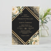 Elegante ivoren Rozen Zwart Goud Bloemen Huwelijk Kaart (Staand voorkant)