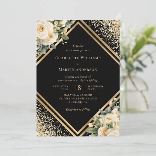 Elegante ivoren Rozen Zwart Goud Bloemen Huwelijk Kaart (Staand voorkant)