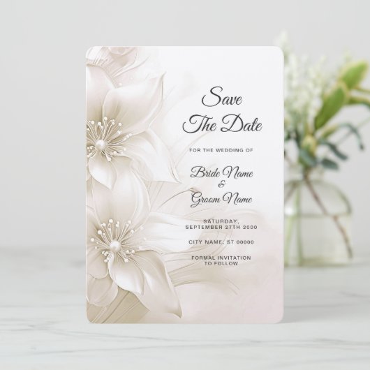 Elegante ivoren witte bloemen slaan de datum op save the date (Staand voorkant)