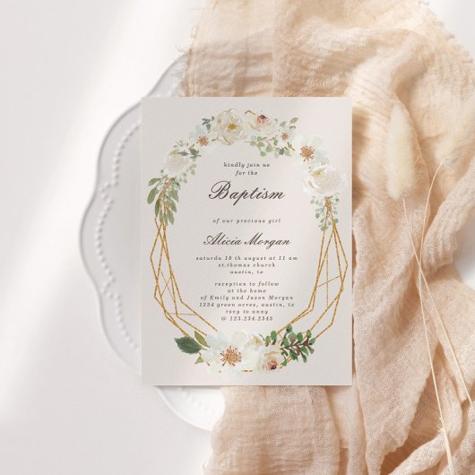 Elegante Ivory Garden Floral Baptism Uitnodiging