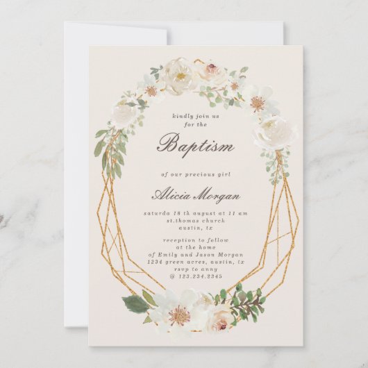 Elegante Ivory Garden Floral Baptism Uitnodiging (Voorkant)